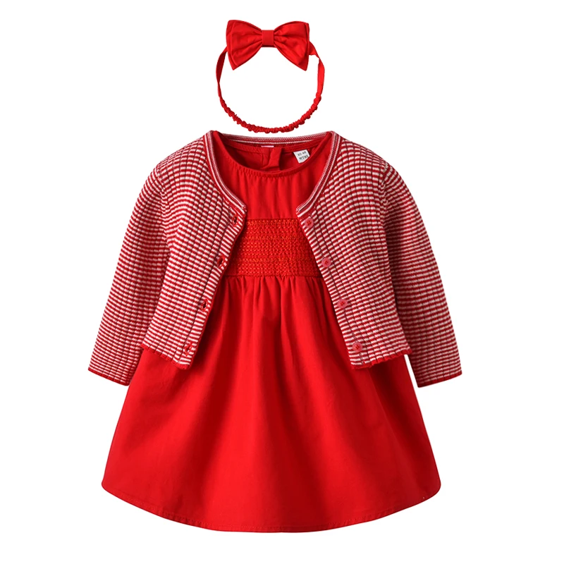 Baby Girl Dress with Cardigan & Headband Princess 1 year birthday dress Red Cute Infant Baby Clothes Gift for baby girl