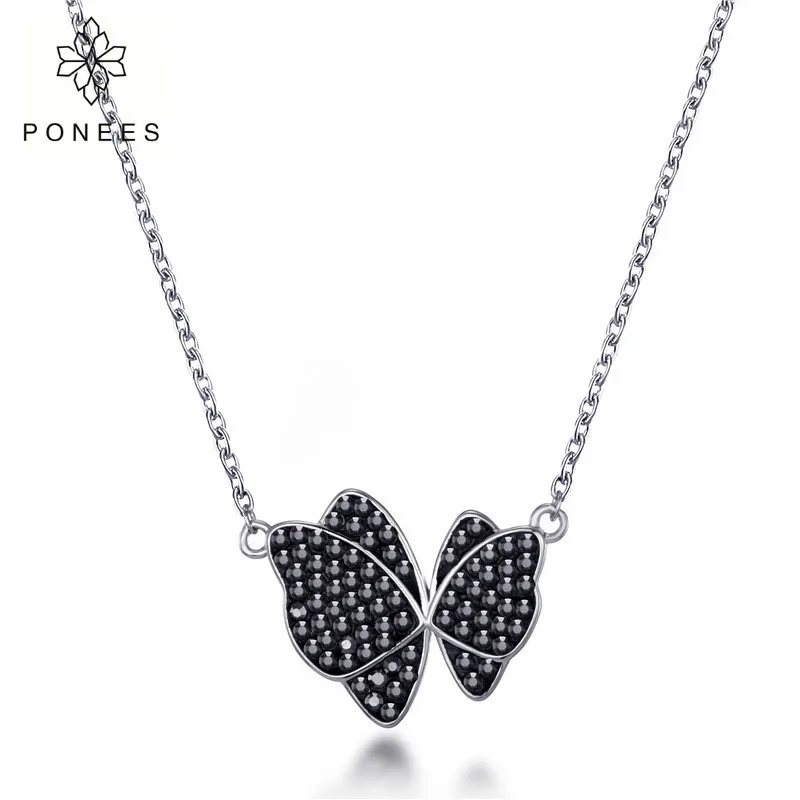 

PONEES New Arrival White Gold With Black Crystal Branded Butterfly Necklace For Women Wedding Jewelry Gifts