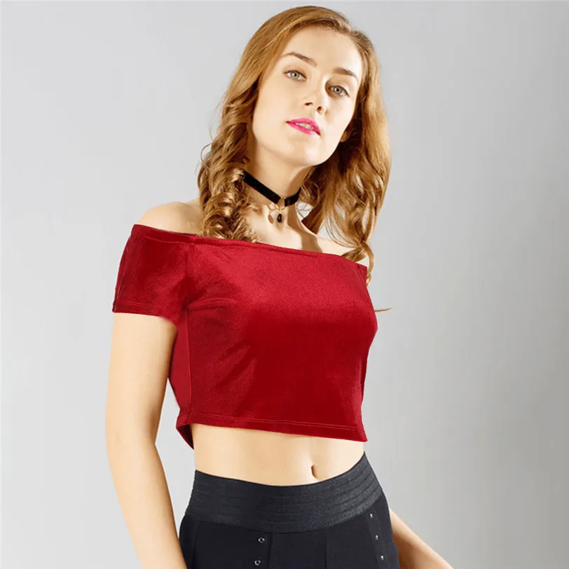 strapless tshirt women 2018 vintage velvet t-shirt streetwear women crop top tee shirt femme manche courte wholesale noJE20 (8)