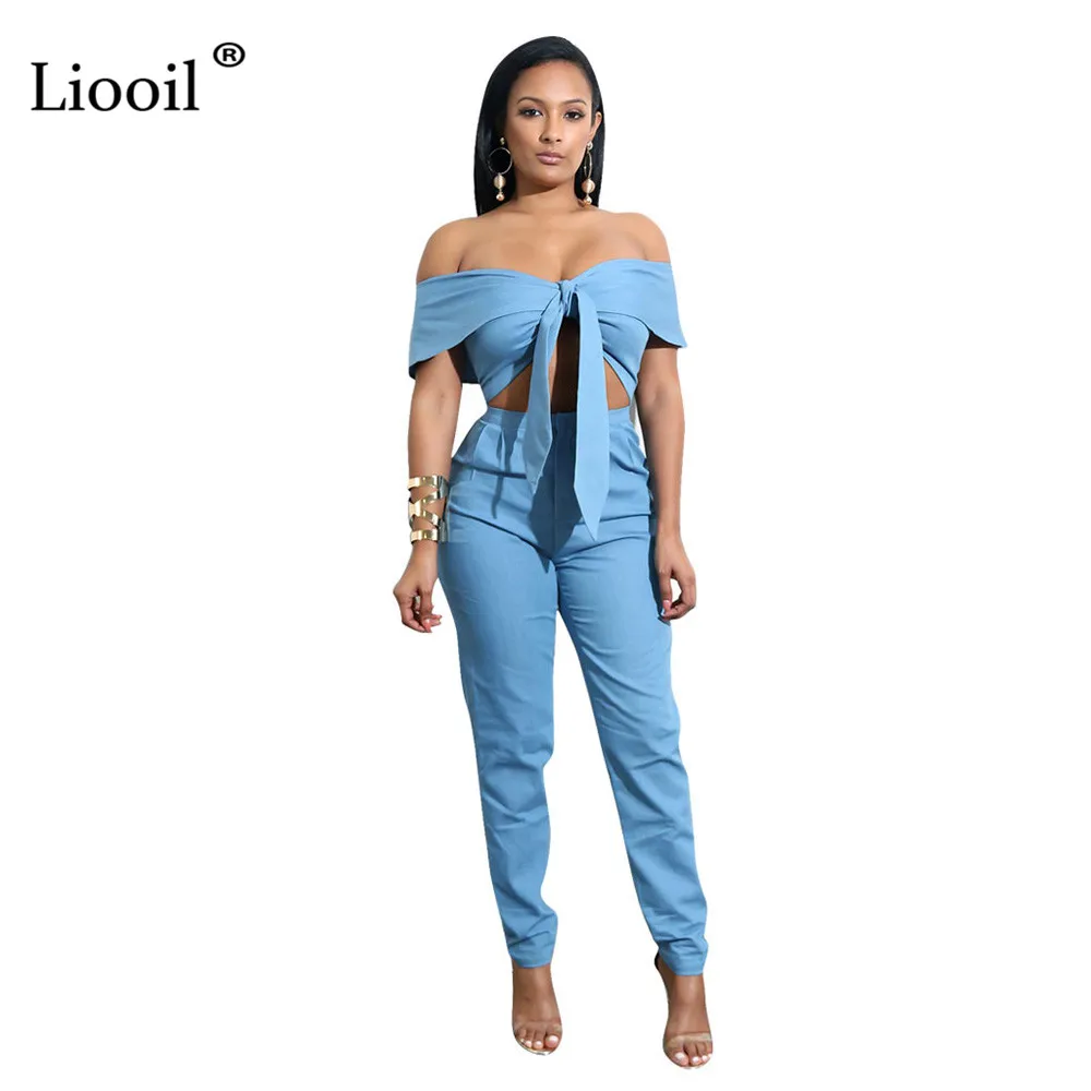 

Liooil Two Piece Sexy Club Off Shoulder Women Jumpsuit Long Pants Slash Neck Short Sleeve Bodycon Backless Black Party Jumpsuits