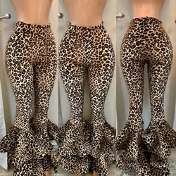 С леопардовым принтом Высокая Талия расклешенные брюки Для женщин 2018 узкие джинсы модные Повседневное эластичные клеш штаны с оборками
