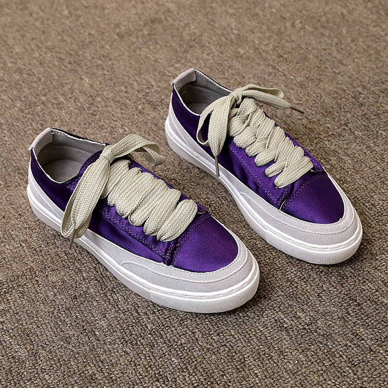 

Fashion Women Sneakers flat platform shoes satin Creepers cross tied loafers lace up female Rihanna shoes streetwear purple pink