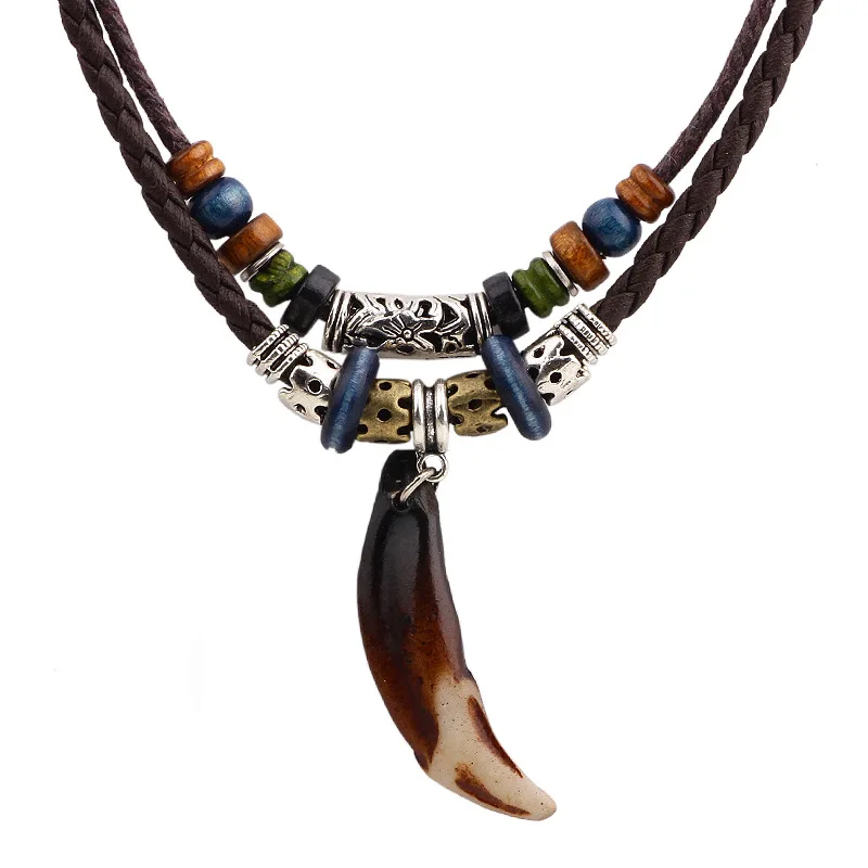 Модные мужские женские ювелирные изделия ожерелье из слоновой кости кулон в виде бычьего рога ожерелье Бохо богемный стиль прекрасный кожаный Тканый Ожерелье ювелирные изделия