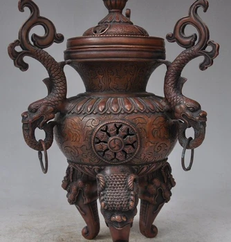 

12" Chinese Bronze dragon beast lions head wealth statue incense burner Censer