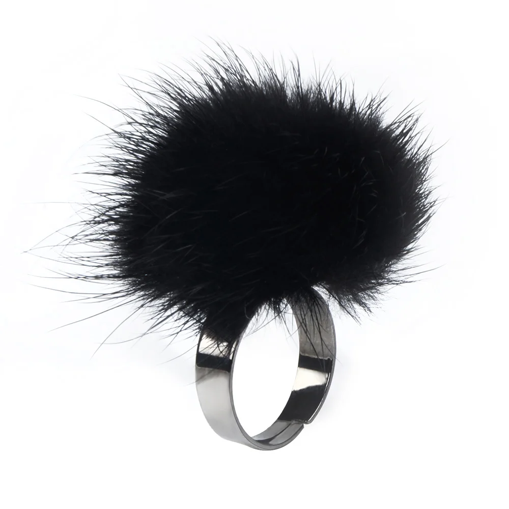 

LFPU Genuine Soft Mink Fur Ball Ring Adjustable Finger Wedding Ring For Women Girl Party Wedding Jewelry