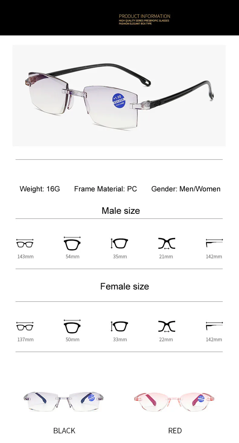 Анти синий свет очки для чтения женщин без оправы очки при дальнозоркости красная рамка пресбиопические очки+ 1,0 1,5 2,0 2,5 3,0 3,5 4,0