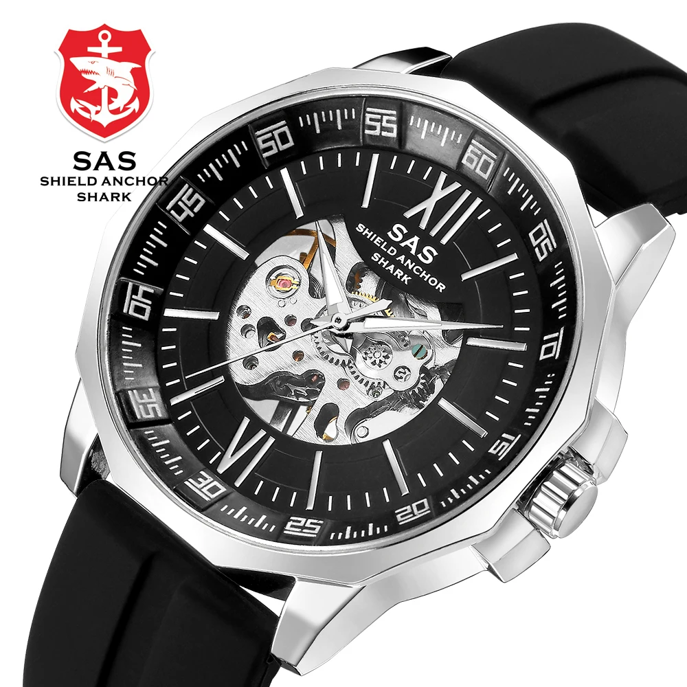

SAS Shield Anchor Shark Sport Watch Men Mechanical Automatic Skeleton Military Wristwatch Mens Watches Top Brand Luxury Silicone