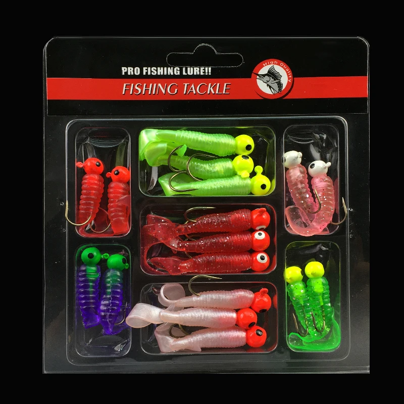 

New 17Pcs Soft Fishing Lures Lead Jig Head Hook Grub Worm Artificial Bait Lure Fishing Tackle