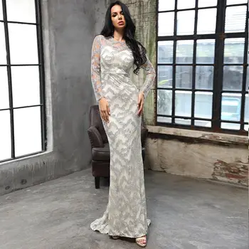 

High Qaulity Sexy Long Dress Elegant Sequined Long Sleeve Celebrity Night CLub Bodycon Evening Party Dress