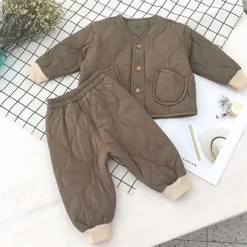 

Boy and girl quilted warm cotton trousers suit Children's fashion simple home two-piece Children's solid color cotton suit