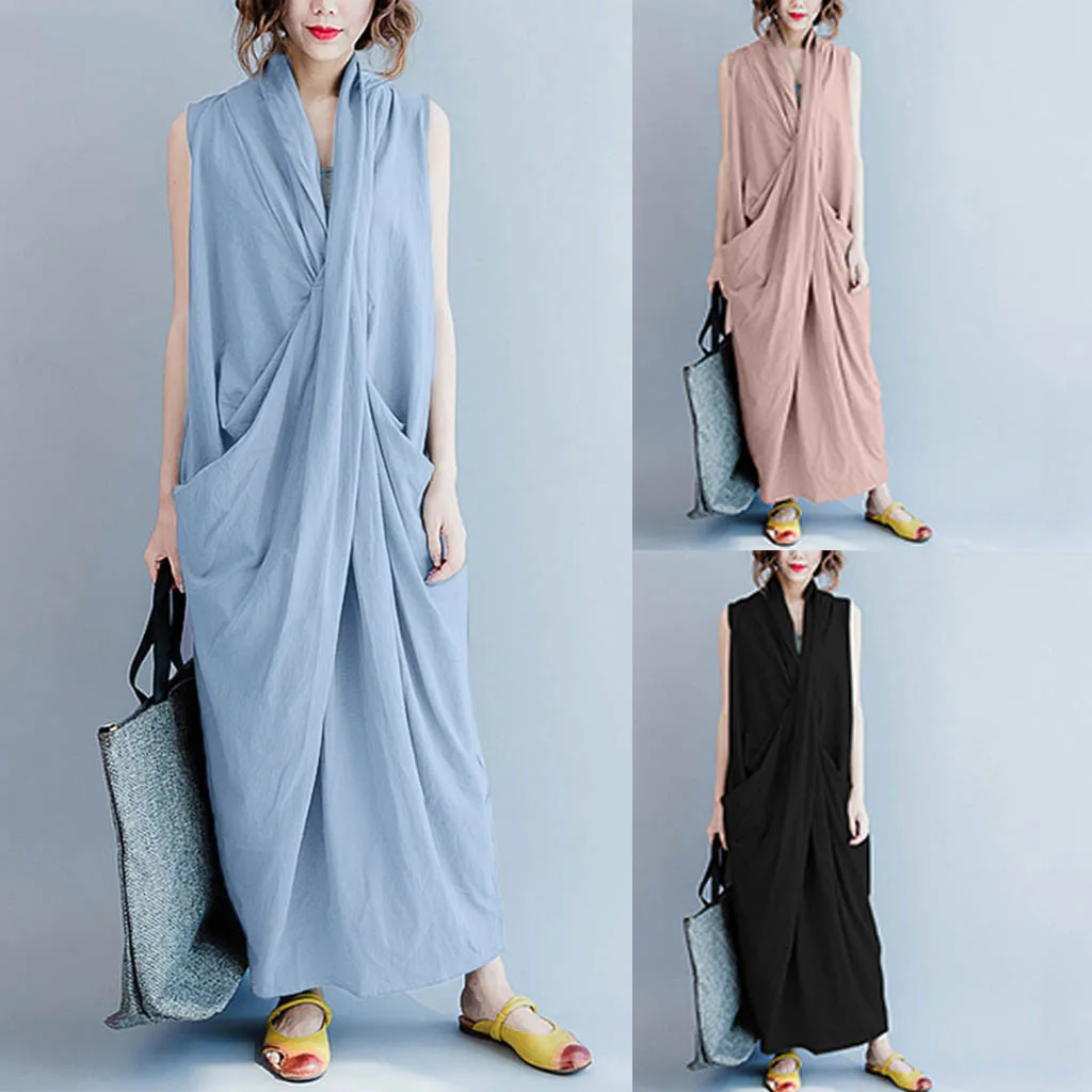 

Women Summer Dress Women's Robes Loose Irregular Dress Solid V-neck Sleeveless Sweet Dresses Plus Size 5XL L329A