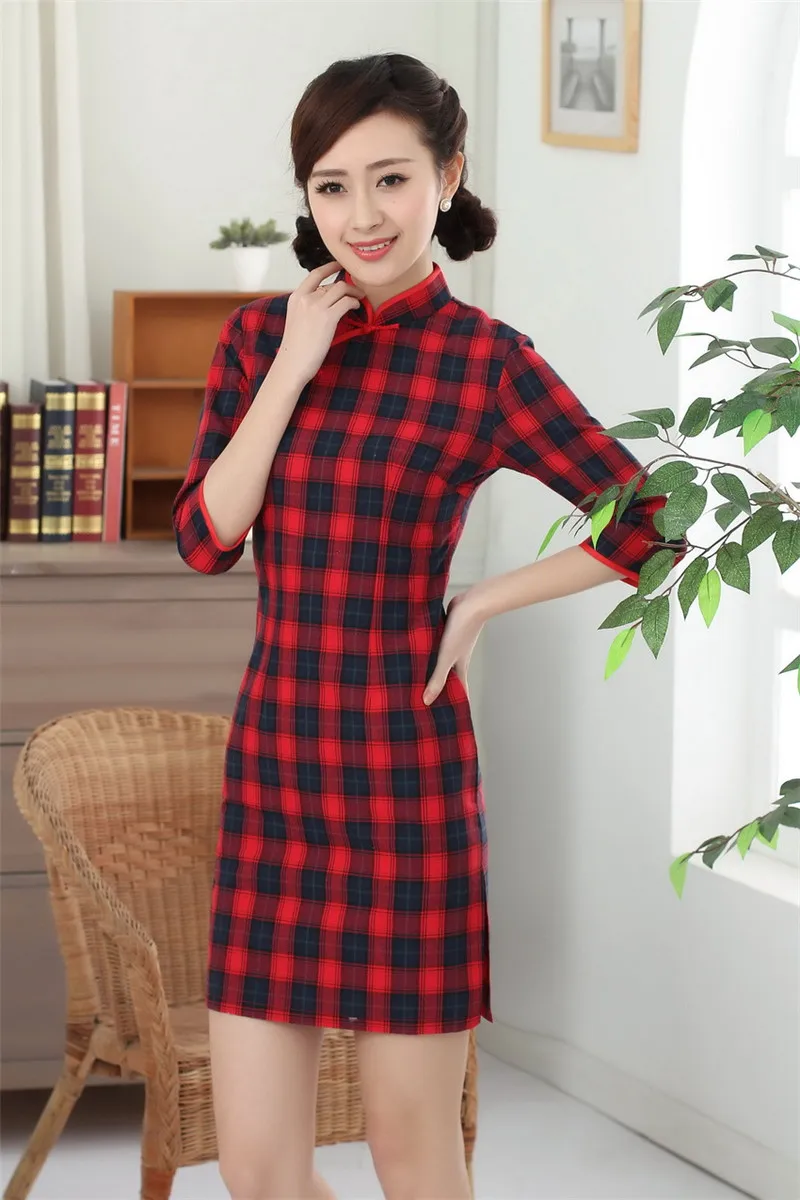 

Shanghai Story New Sale Vintage Qipao Chinese Women's Clothing Cheong-sam Dress Plaid Print Blend cotton Qipao 3 color E0021