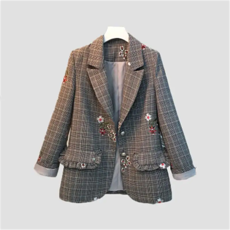 

Fashion plaid Blazers Female jacket spring/fall New Large size women's embroidered suit plaid jacket 100 kg mm Blazers women