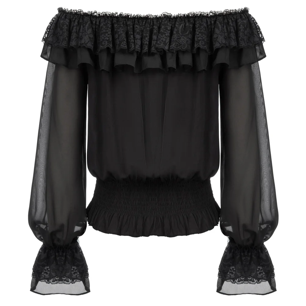 Sexy Women's shirt vintage party gothic style Long Sleeve Off Shoulder Ruffles Decorated club evening elegant blouse summer Tops