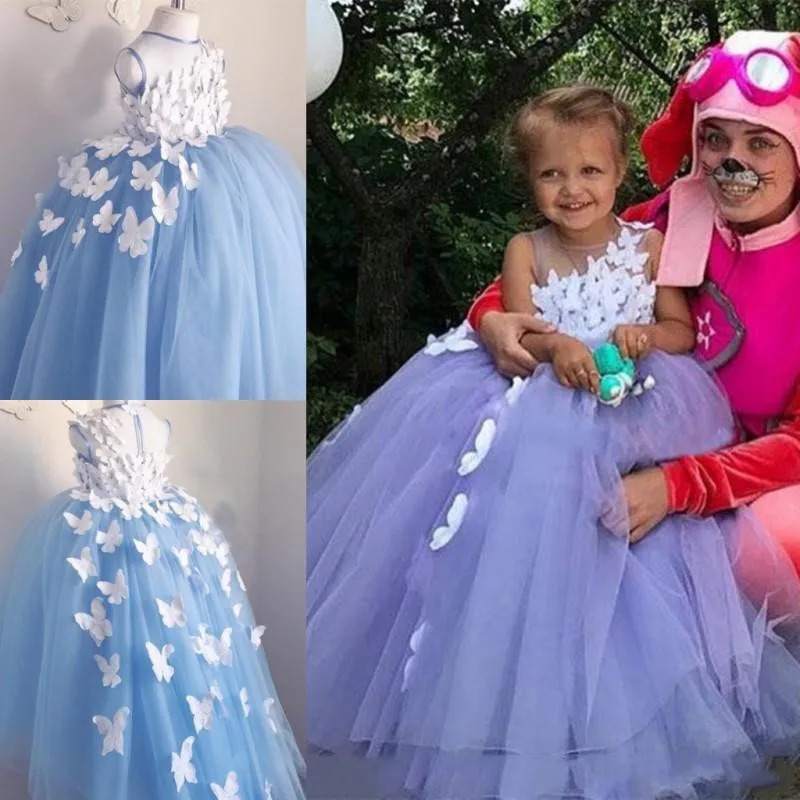 

A Line 3D Butterfly Appliqued Flower Girl Dresses For Wedding Toddler Pageant Gowns Tulle Birthday Party Prom Dress