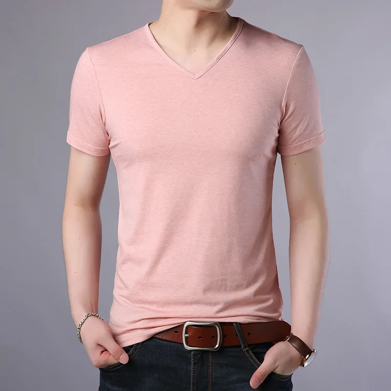Модная Новая мужская футболка, летние топы с v-образным вырезом, белая футболка, облегающие футболки с коротким рукавом, однотонная повседневная мужская одежда - Цвет: Красный