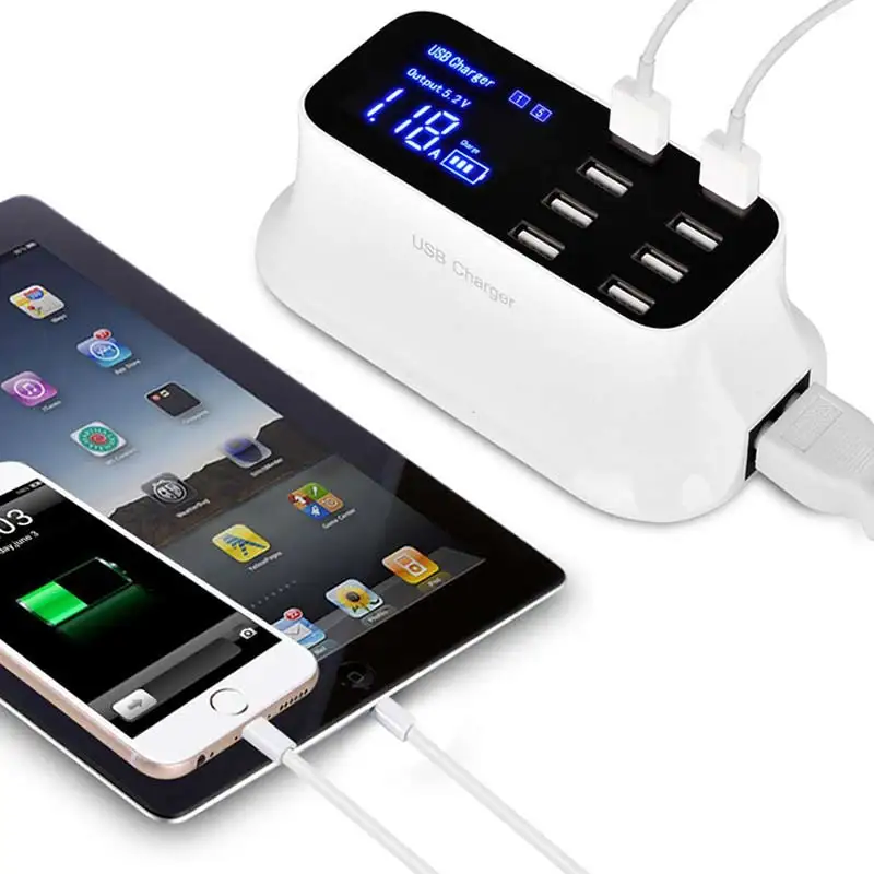 8-Port USB Fast Charger Power LCD Display Adapter Quick Charge with Smart IC Auto Detect Tech Compatible iPhone X /8/7 iPad