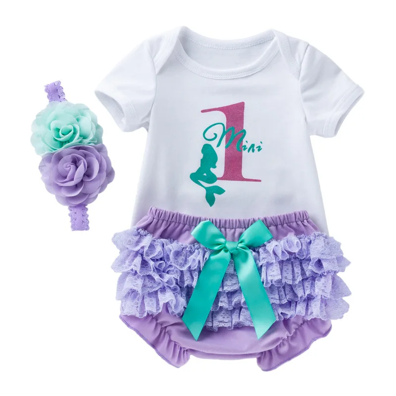 New Baby Girl Clothes 3Pcs Newborn Infant Girl 1st Birthday Clothing Set Romper+PP Shorts+Heandband Baby Set 0-24M - Цвет: Фиолетовый