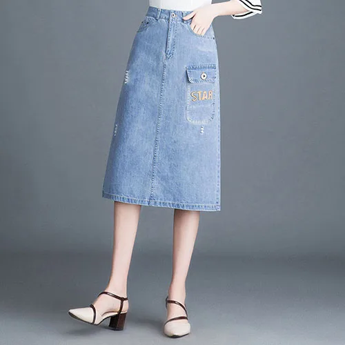 Light Blue Voobuyla/летние женские юбки трапециевидной формы, женская синяя джинсовая юбка с дырками, осенние джинсы, юбка Saias Feminino, большие размеры, M-4XL - Цвет: Light Blue