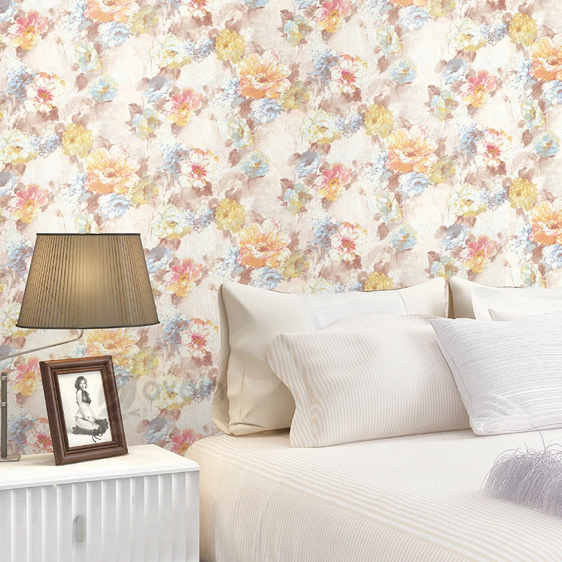 

Rural Style Vintage Oil Painting Design Colorful Blue Pink Purple Yellow Flowers Floral Wall Paper Wallpaper Roll Pure Paper