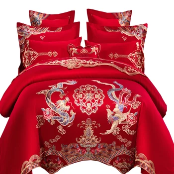 

100% Cotton with embroidery Dragon and Phoenix Wedding Bedding Sets Chinese Dragon and Phoenix Princess Red Wedding Duvet Queen