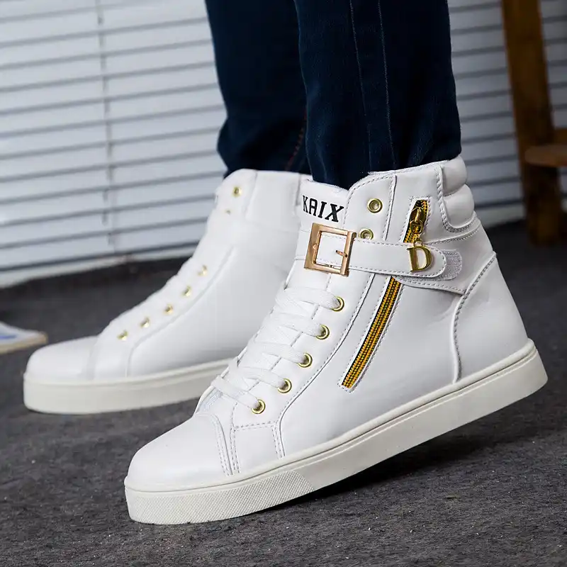 white sneakers with gold zipper