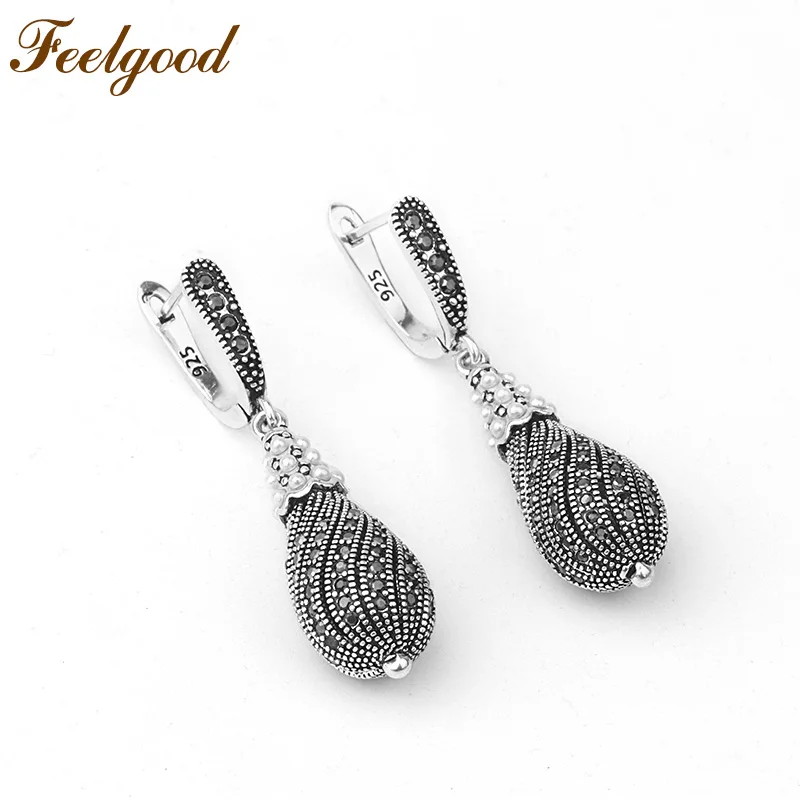 Feelgood Jewelry Antique Silver Color Vintage Earring Micro Pave Black Crystal Teardrop Drop Earrings For Women Party Gift