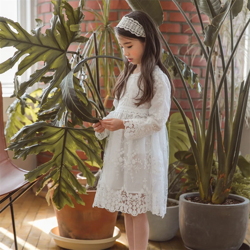 

2019 Spring Kids Dress for Big Girls 4 6 8 10 to 12 14 Years Long Sleeve White Lace Dresses Casual Costume for Teenager 7A24A