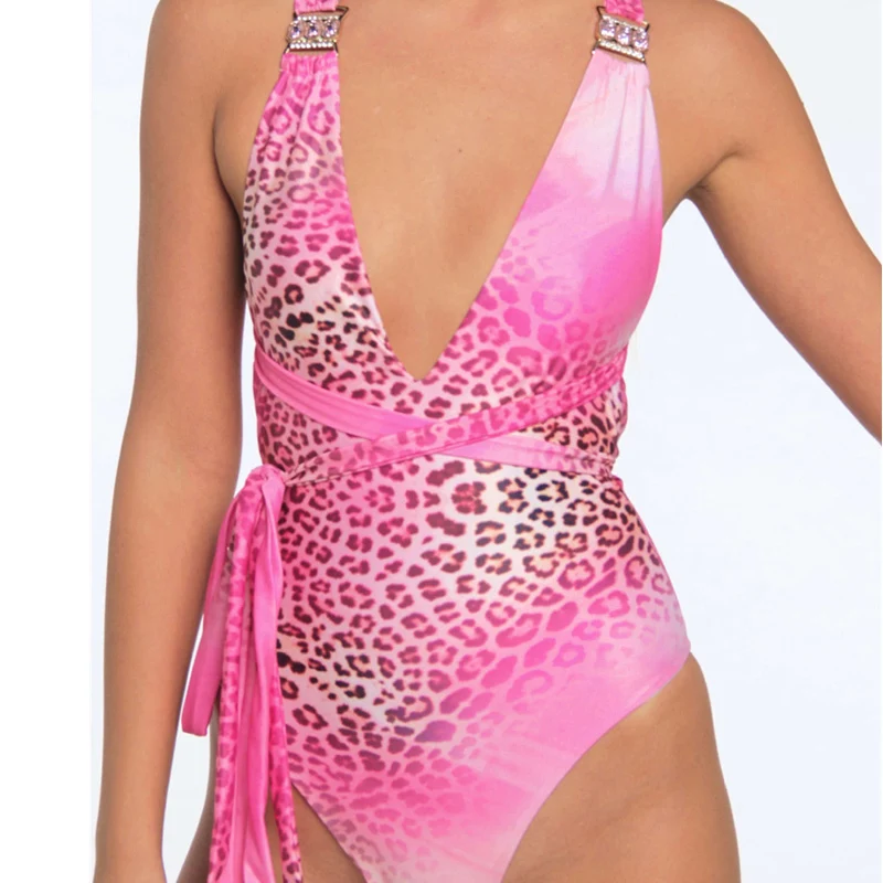Сексуальный розовый Леопардовый Цельный купальник, Женский Бандаж, монокини, пуш-ап, одежда для плавания,, бразильский купальник с открытой спиной