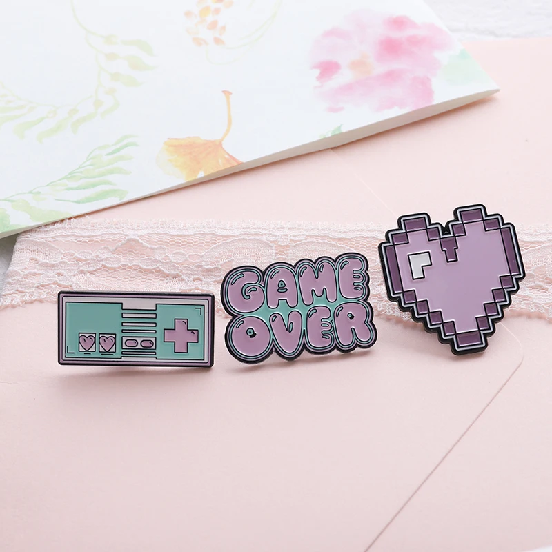 

Pink Pixel Heart Game machine Game Over ! Enamel Pins Fashion Denim jackets backpack Pin button Brooch for Women Men Jewelry