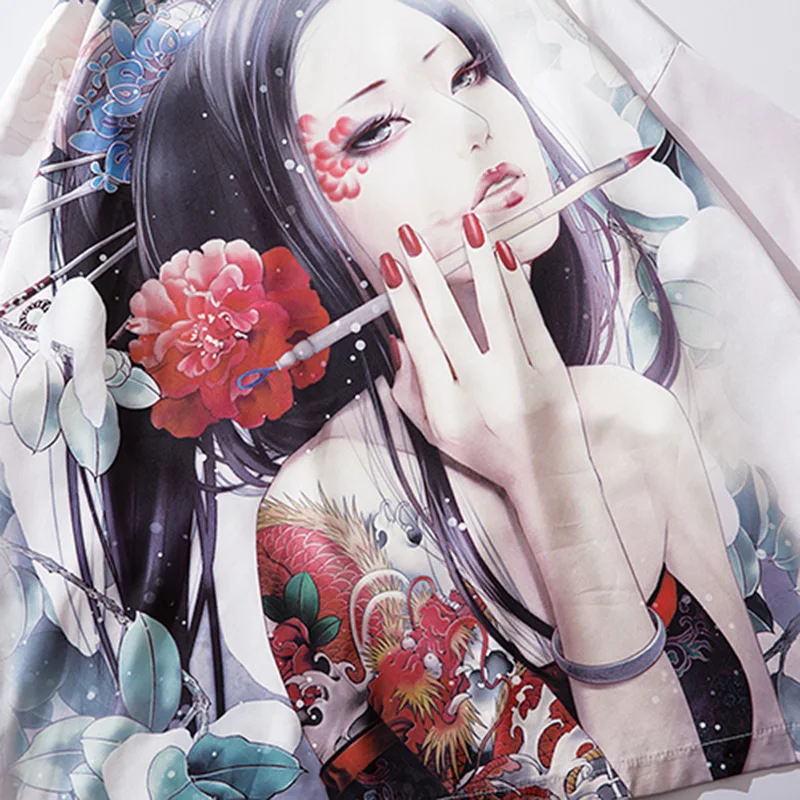2019 Harajuku Kimono Jacket Japanese Ukiyoe Floral Geisha Tattoo Hip Hop Men Streetwear Jacket Coat Summer Thin Gown Japan Style