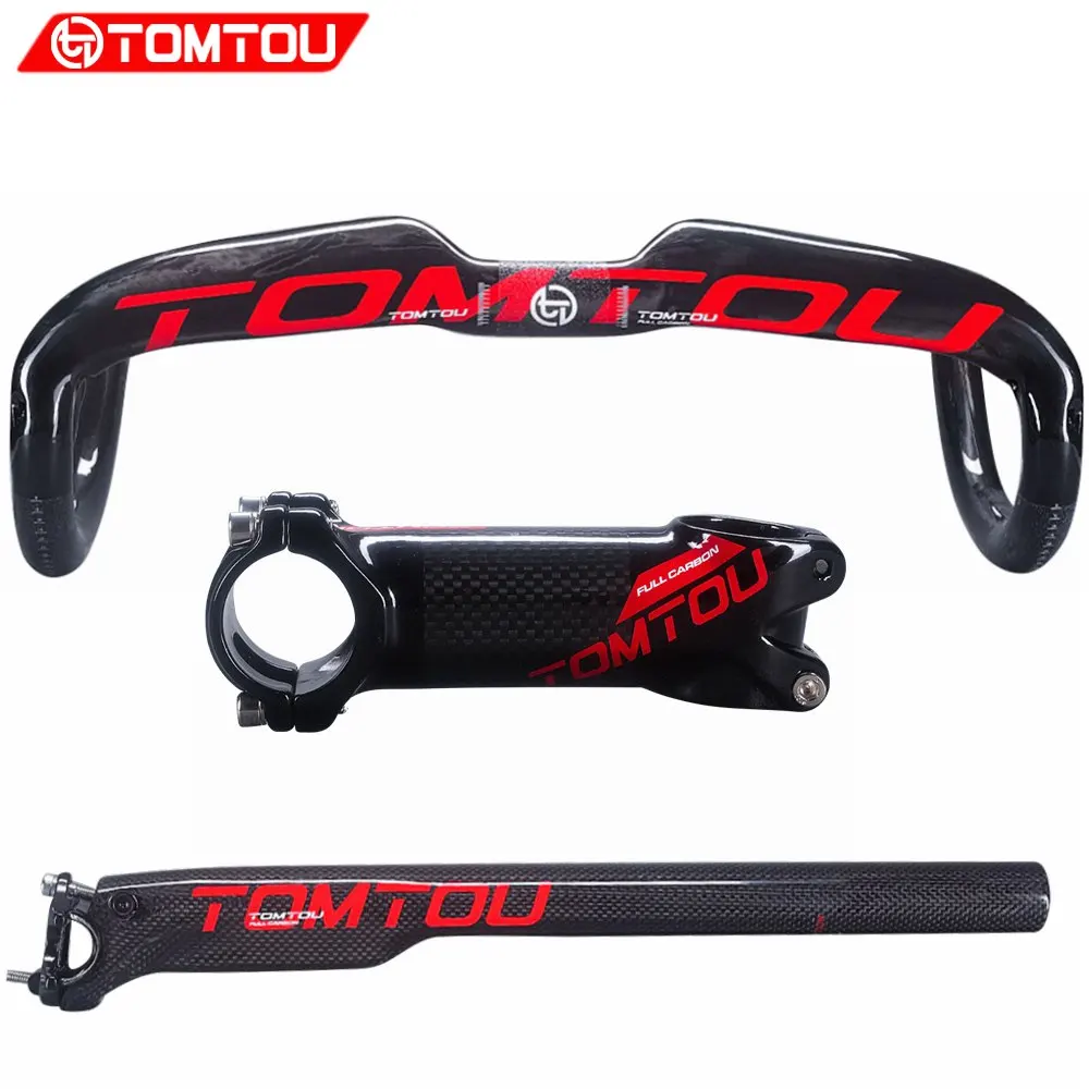 

TOMTOU Carbon Road Bicycle Handlebar + Breaking Wind Seatpost + Stem Cycling MTB Bike Handlebars Set Glossy Red - TS5T68