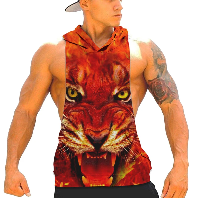 

LUCKYFRIDAYF Fashion Design 3d Flame Lion Bodybuilding Stringer Tank Top with Hooded Gyms Clothing Fitness Muscle Vest Tee Shirt