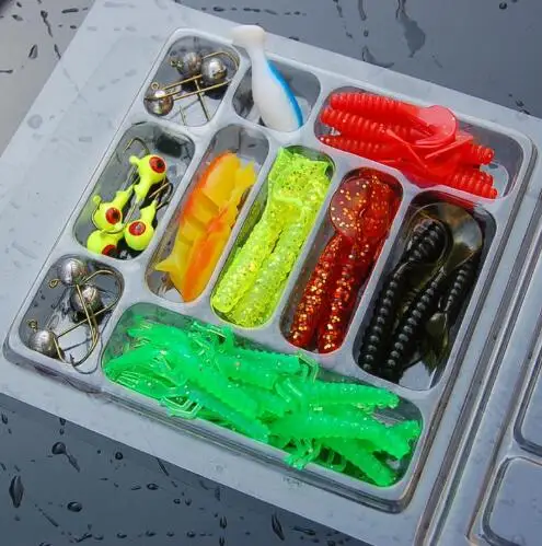 

35pcs lure +10 pcs hooks /set Fishing Lure Lead head Jig Head Hooks Grub Worm Soft Baits Shads Silicone fishing tackle Set