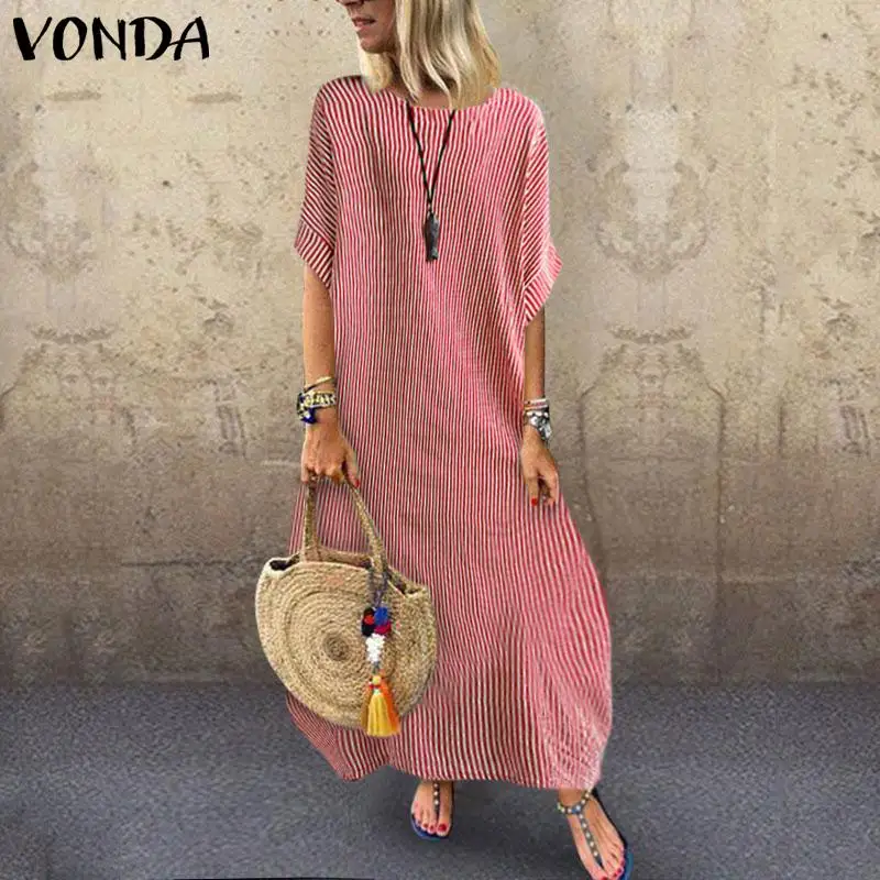 VONDA элегантное женское Платье макси с круглым вырезом и коротким рукавом летнее повседневное длинное платье-рубашка халат пляжный сарафан женские вечерние платья Vestido