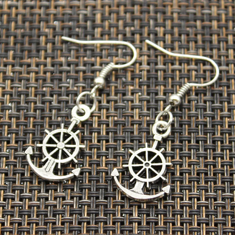 

Antique Silver Color Fleur ships wheel helm rudder Drop Earring, Dangle Earrings For Womens