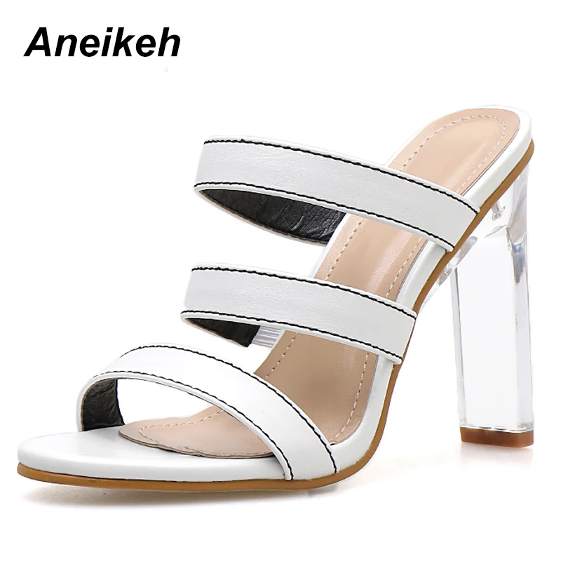 

Aneikeh 2019 Summer New Ladies Slippers Fashion Casual Shallow Mouth Open Toe Clear Crystal Stiletto High Heel Ladies Slippers