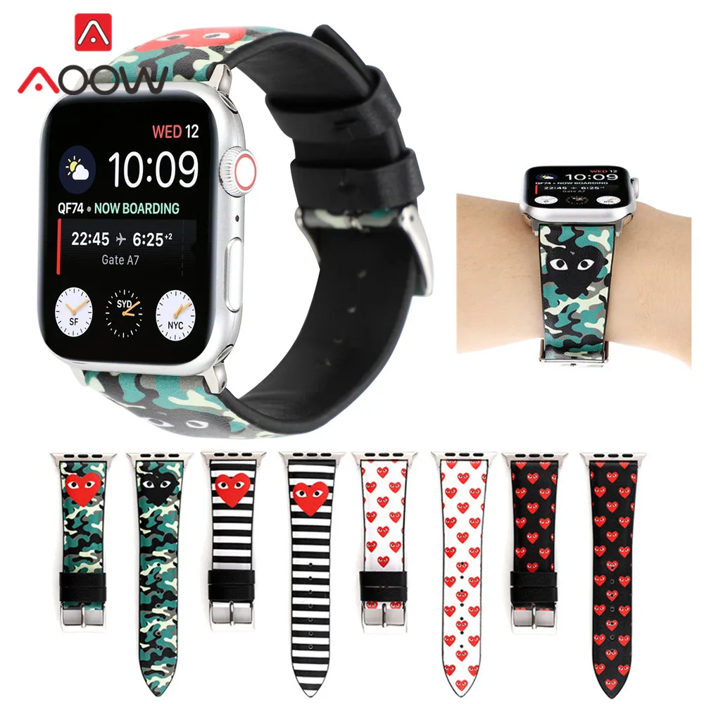 

Camo Printing Leather Watchband for Apple Watch 40mm 44mm 38mm 42mm Heart Eyes Men Women Bracelet Strap Band for iWatch 1 2 3 4