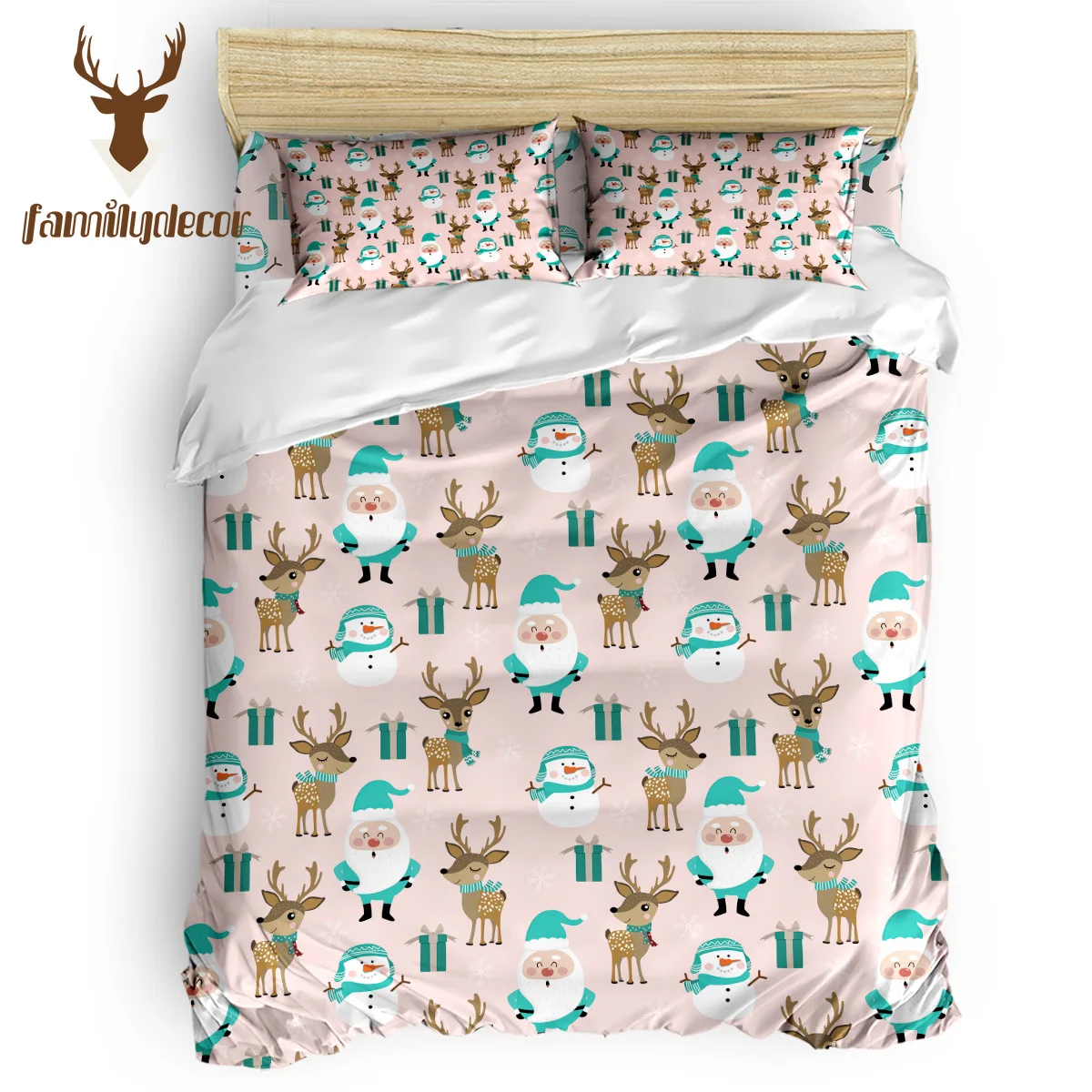 

Family Decor Merry Christams Happy New Year Santa Snonwman Present Quilted Duvet Set Forefather's Day Polyester Fabric Californi