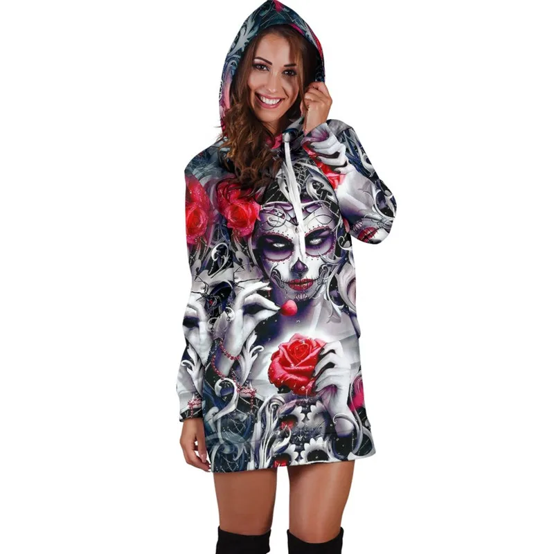 

Skull Long Sleeve Bodycon Women Mini Dress Rose Floral Hoodies Sweatshirt Dress Autumn Femme Hooded Vestidos De Festa Jurken 3XL