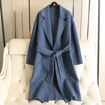 Осенне-зимнее длинное кашемировое пальто Женский Тренч осеннее однотонное пальто тонкий кашемир хорошего качества синяя шерсть C323 - Цвет: blue