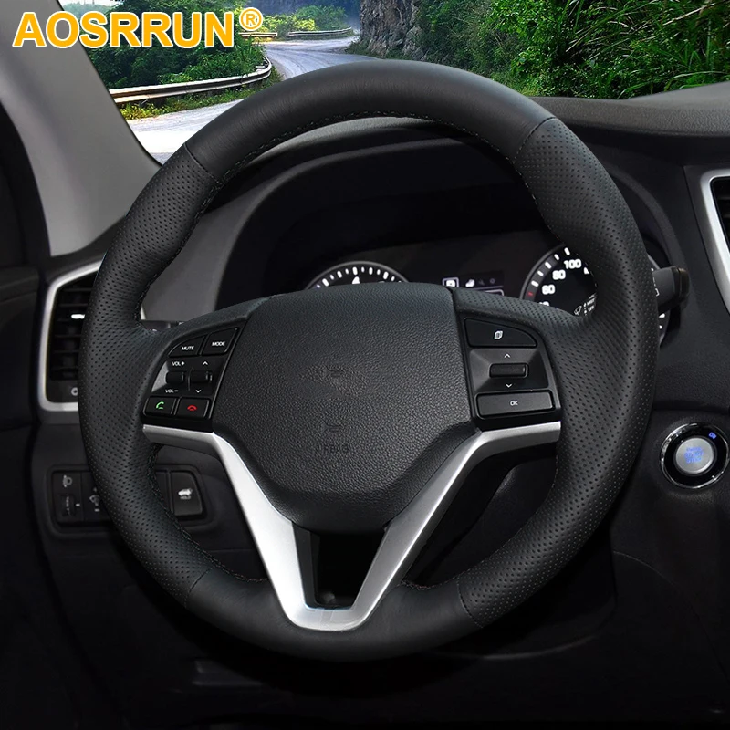 AOSRRUN Black Leather Hand stitched Car Steering Wheel Cover for