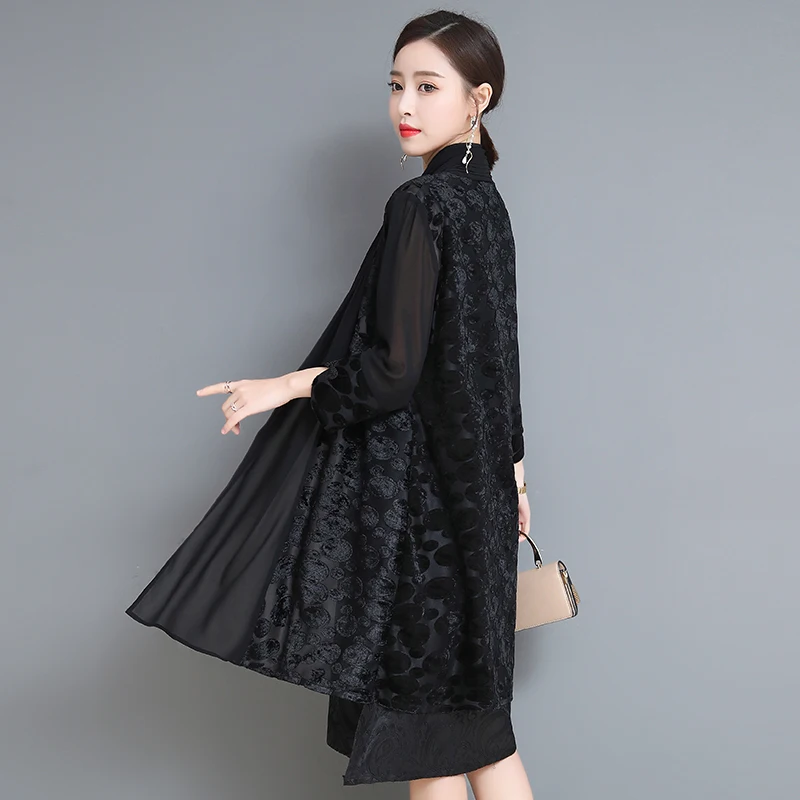 

Black 2 piece dress with cardigan women set plus size long sleeve elegant Chinese style clothing dresses 2019 spring female