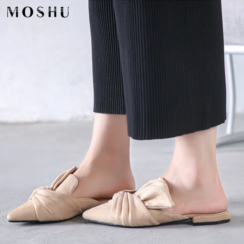 

Summer Ladies Slippers Shoes Suede Slide Sandals Flock Female Mules Fashion Low Heels Pointed Toe Bowtie Shoes Zapatos De Mujer