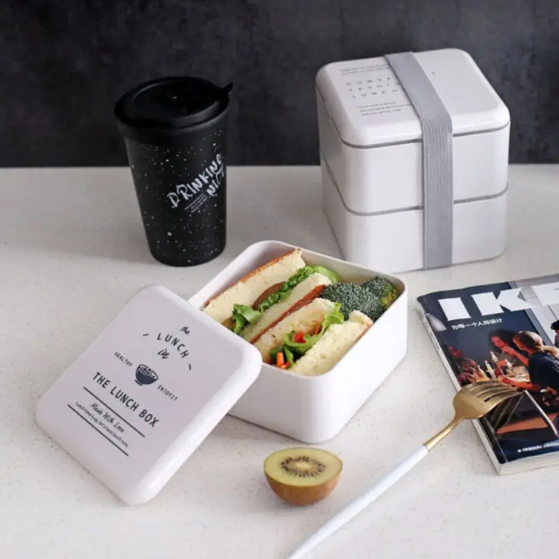 

Nordic Lunch Box 2 Layer Bento Boxes Microwave Dinnerware Food Storage Container Lunchbox with spoon chopsticks