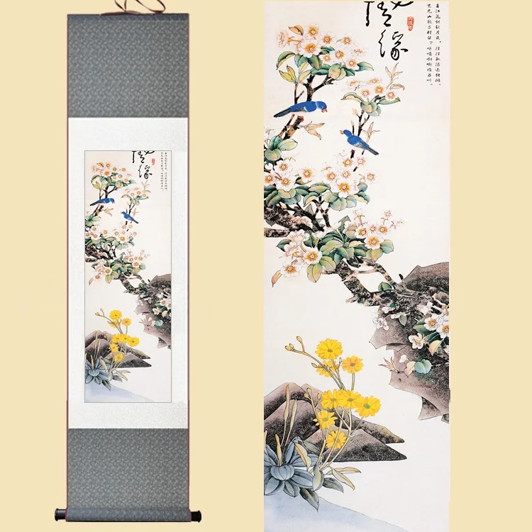 

Chinese Silk Watercolor Flower and Birds Begonia daisy print feng shui ink art wall picture damask framed scroll canvas painting