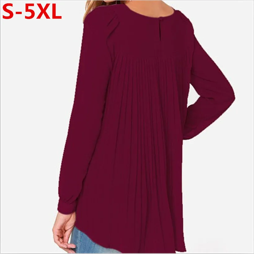 5XL Plus Size Women Blouse Chiffon Long Sleeve Oversized Shirt Pleated Keyhole Tops European Style Blusas Feminina Fashion 2018 |
