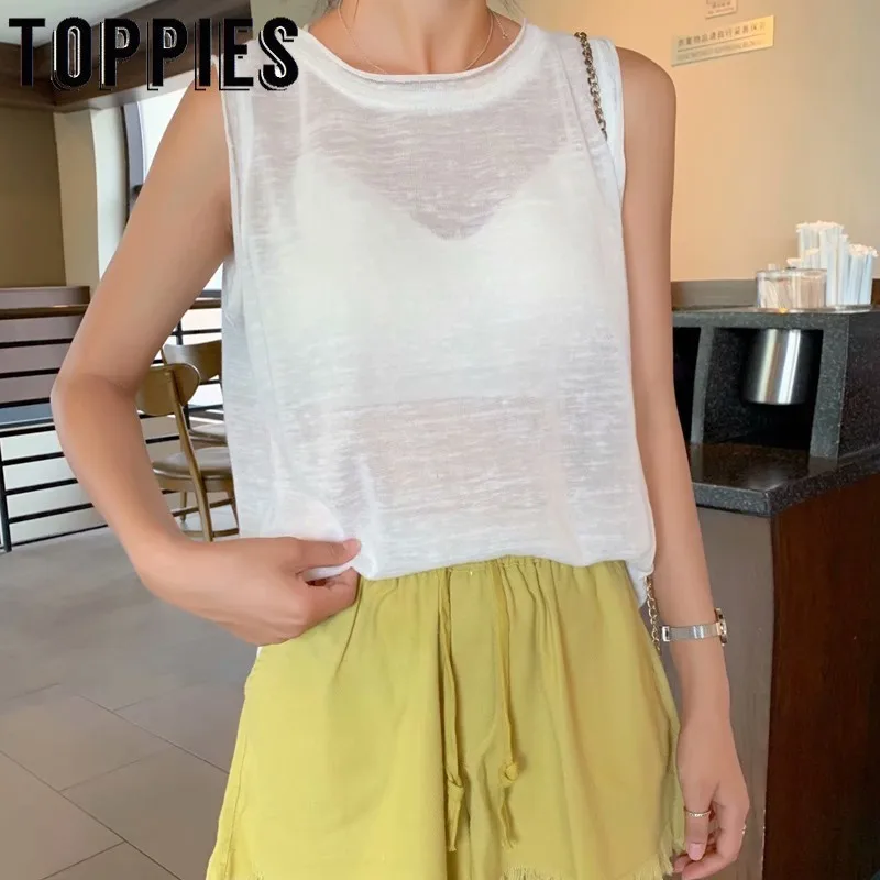 

Sexy Transparent Tops Summer Sleeveless Tanks Black White Tops Korean Casual T-Shirts Sports Tees