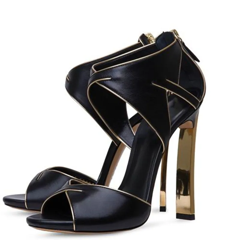 

Deification Sexy Strange Heels Designer Shoes Black White Back Zipper Gladiator Sandals Woman Fashion Solid Party Wedding Shoes