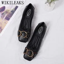 Г., дизайнерская модная весенняя женская обувь на плоской подошве без застежки с квадратным носком и металлической цепочкой кожаные женские лоферы